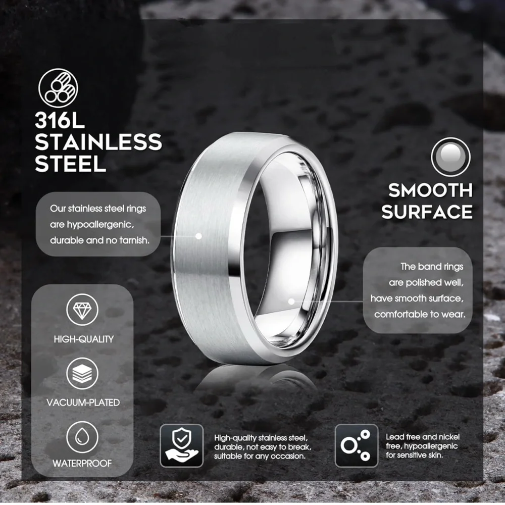 Men’s Stainless Steel Wedding Bands 8MM, 3Pcs Set - Picture 4 of 9
